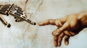 Michelangelo's iconic image of God giving life to Adam is reimagined for the robotic age. Here, God gives life to a robot, a new kind of futuristic Adam.